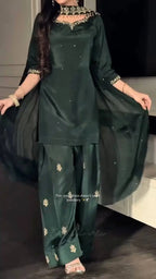 Bottle Green Designer Farshi Salwar Suit with Handwork Embroidery &amp; Organza Dupatta