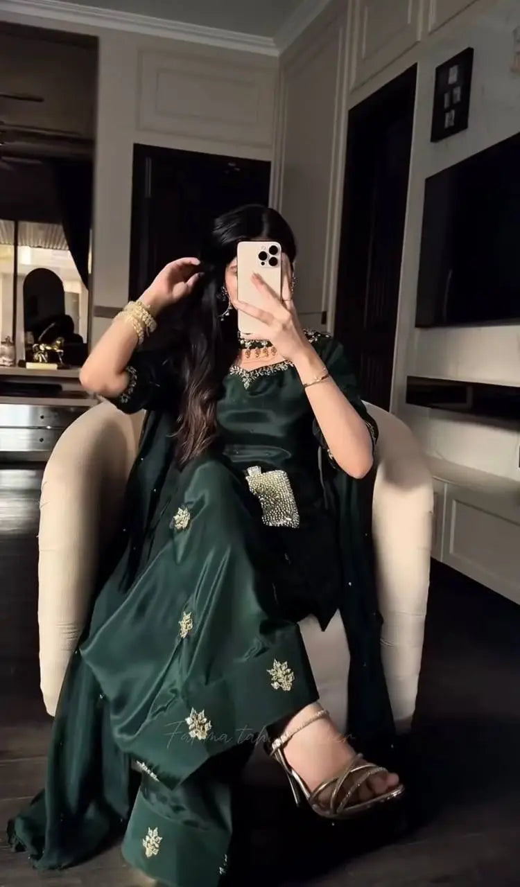 Bottle Green Designer Farshi Salwar Suit with Handwork Embroidery &amp; Organza Dupatta