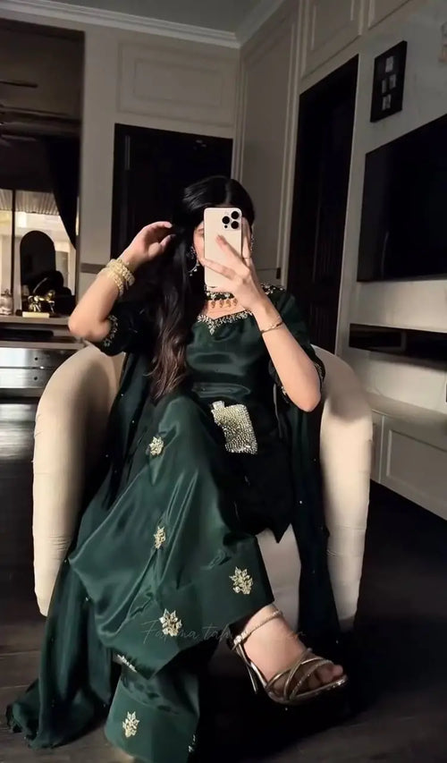 Bottle Green Designer Farshi Salwar Suit with Handwork Embroidery &amp; Organza Dupatta