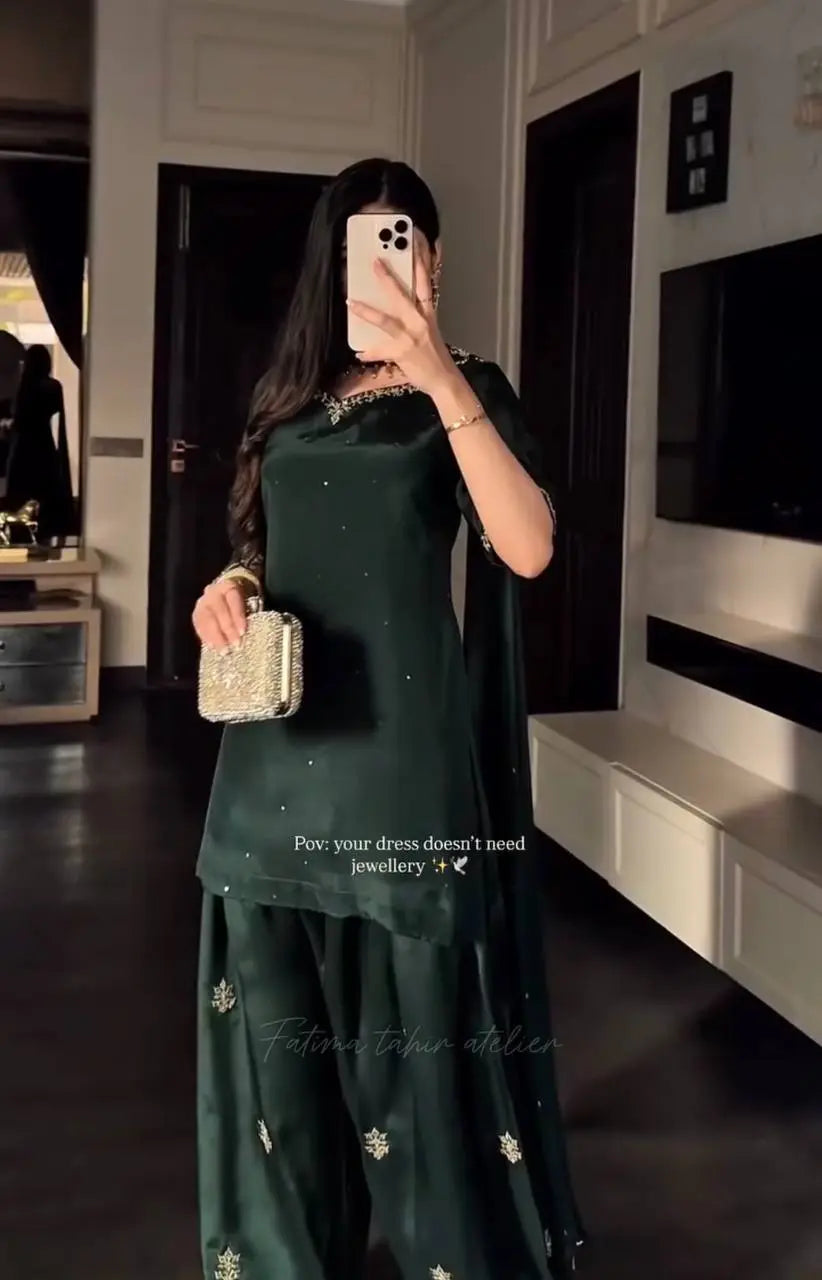 Bottle Green Designer Farshi Salwar Suit with Handwork Embroidery &amp; Organza Dupatta