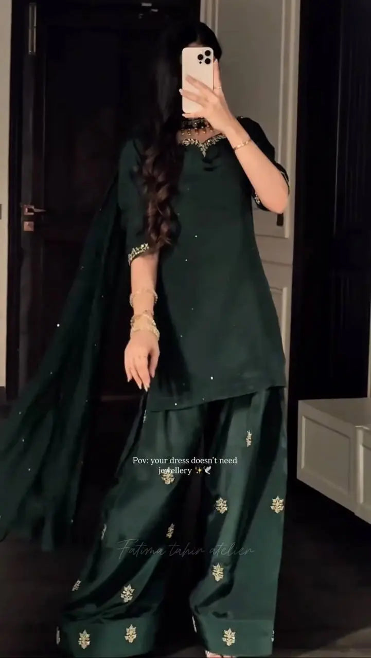 Bottle Green Designer Farshi Salwar Suit with Handwork Embroidery &amp; Organza Dupatta