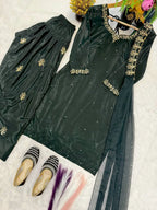 Bottle Green Designer Farshi Salwar Suit with Handwork Embroidery &amp; Organza Dupatta