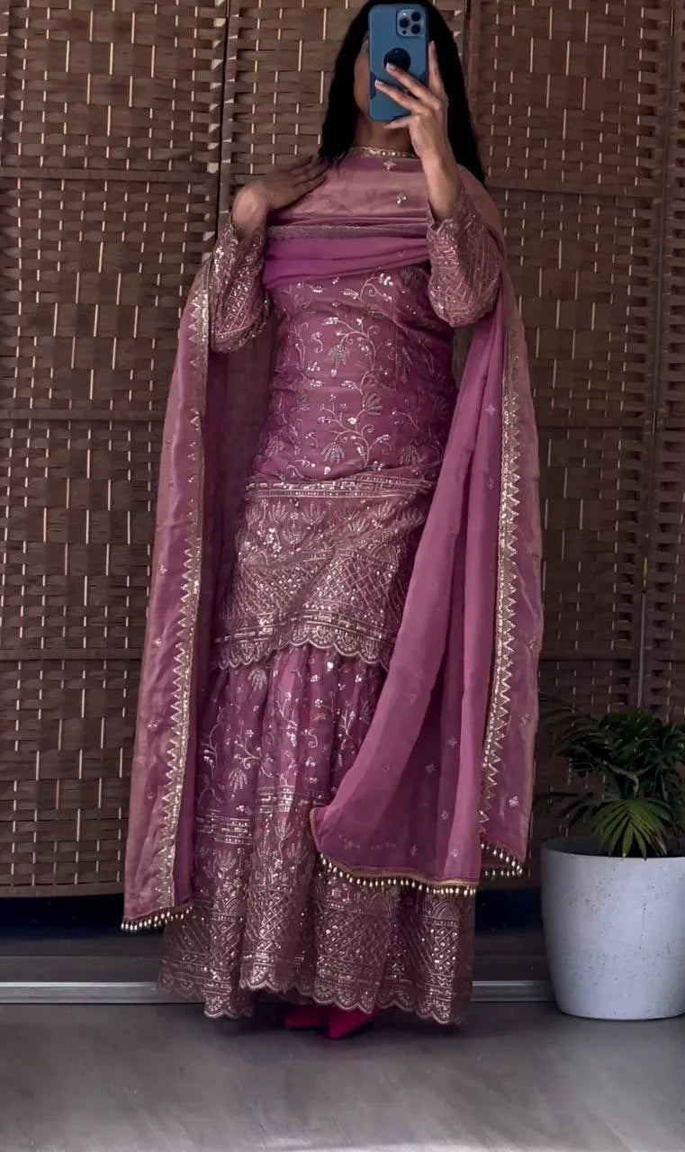 Rose Pink Embroidered Sharara Set with Heavy Sequins Work