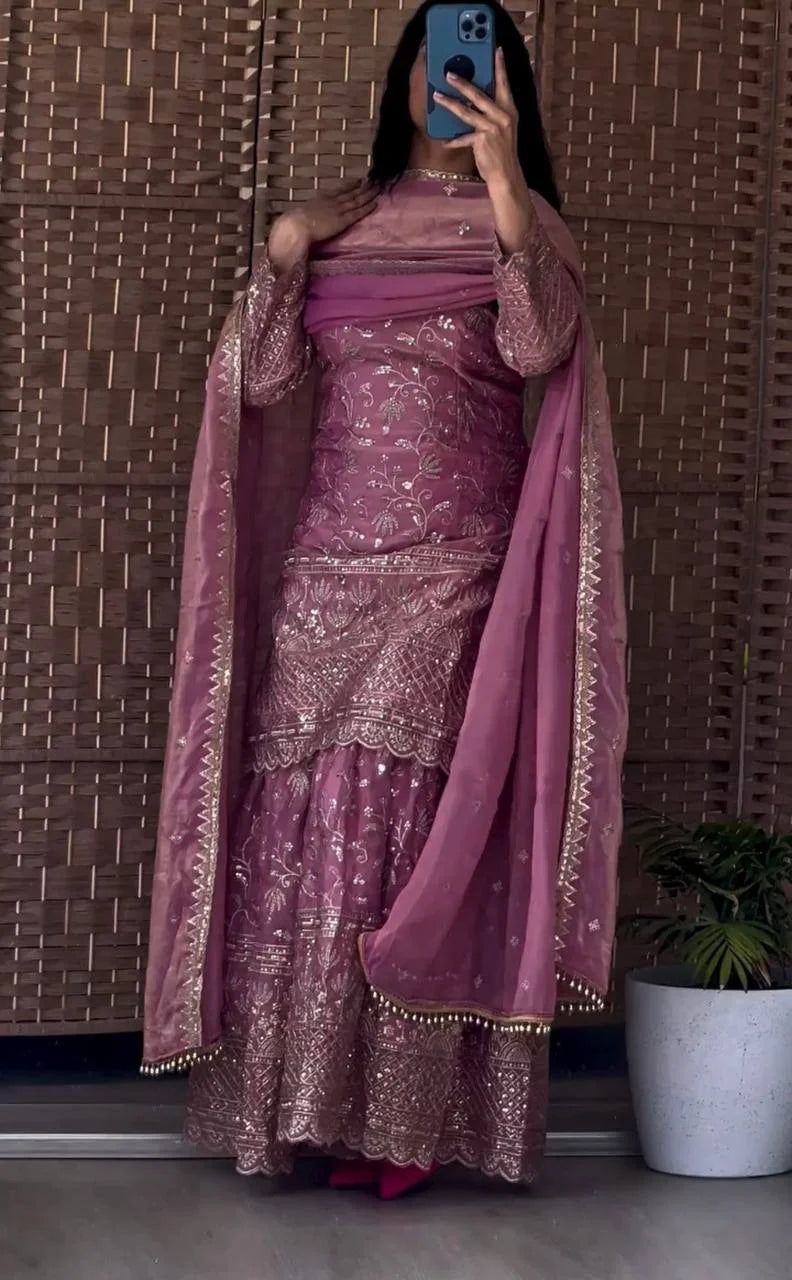 Rose Pink Embroidered Sharara Set with Heavy Sequins Work