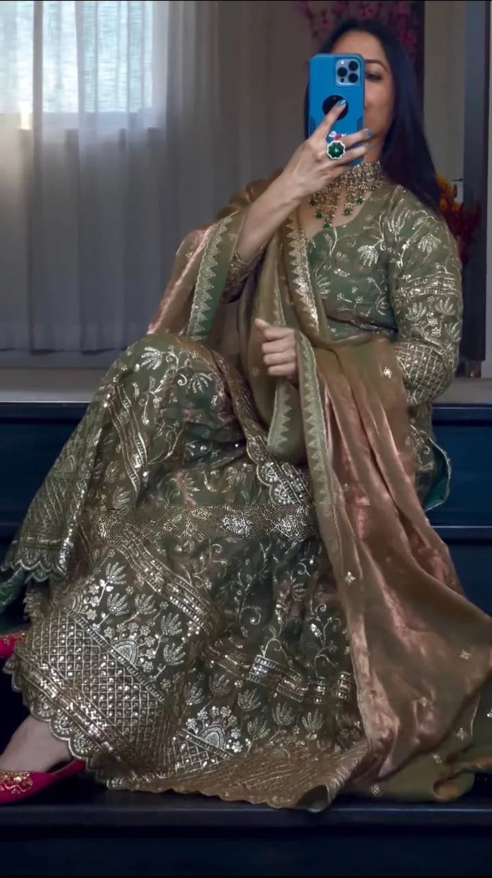 Mehendi Green Designer Party Wear Sharara Palazzo Suit