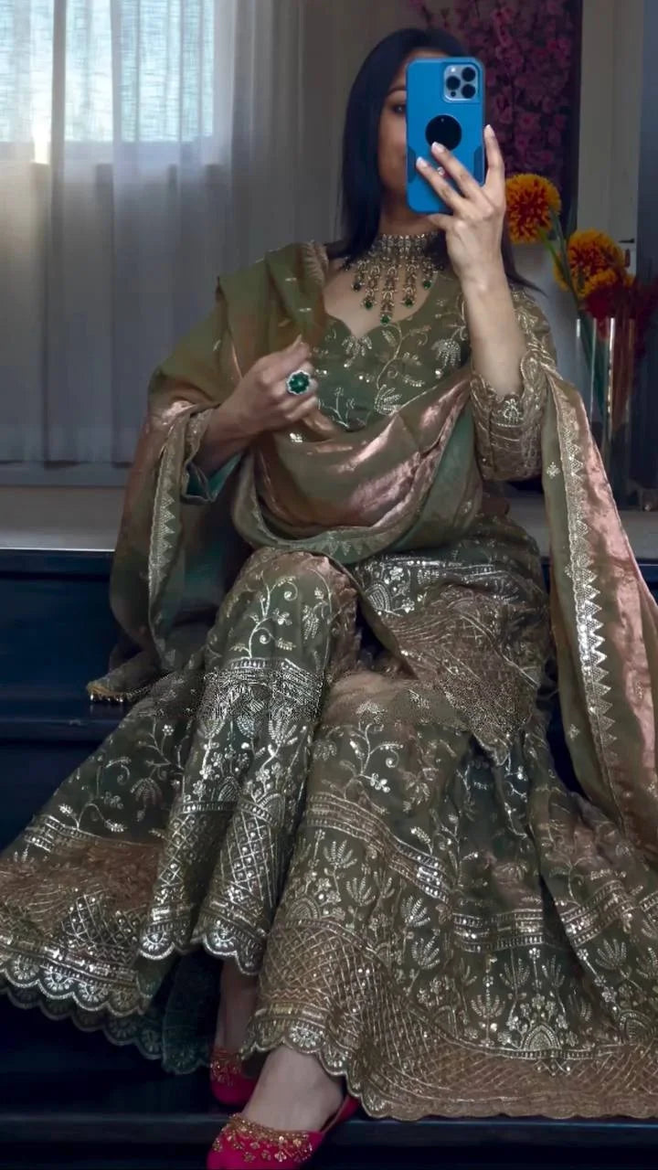 Mehendi Green Designer Party Wear Sharara Palazzo Suit