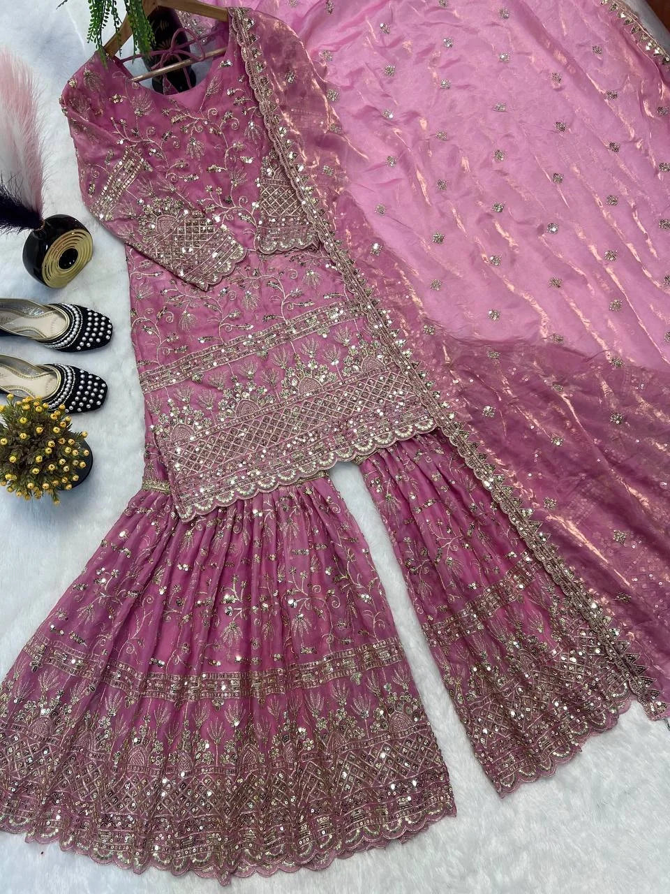 Rose Pink Embroidered Sharara Set with Heavy Sequins Work