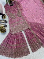 Rose Pink Embroidered Sharara Set with Heavy Sequins Work