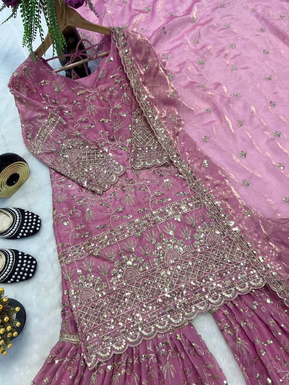 Rose Pink Embroidered Sharara Set with Heavy Sequins Work
