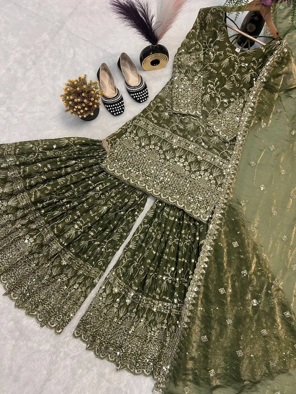Mehendi Green Designer Party Wear Sharara Palazzo Suit
