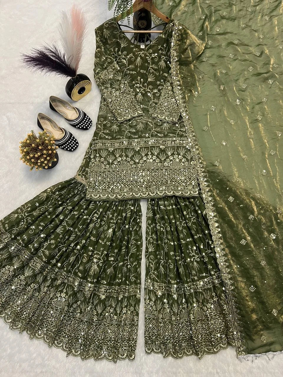 Mehendi Green Designer Party Wear Sharara Palazzo Suit
