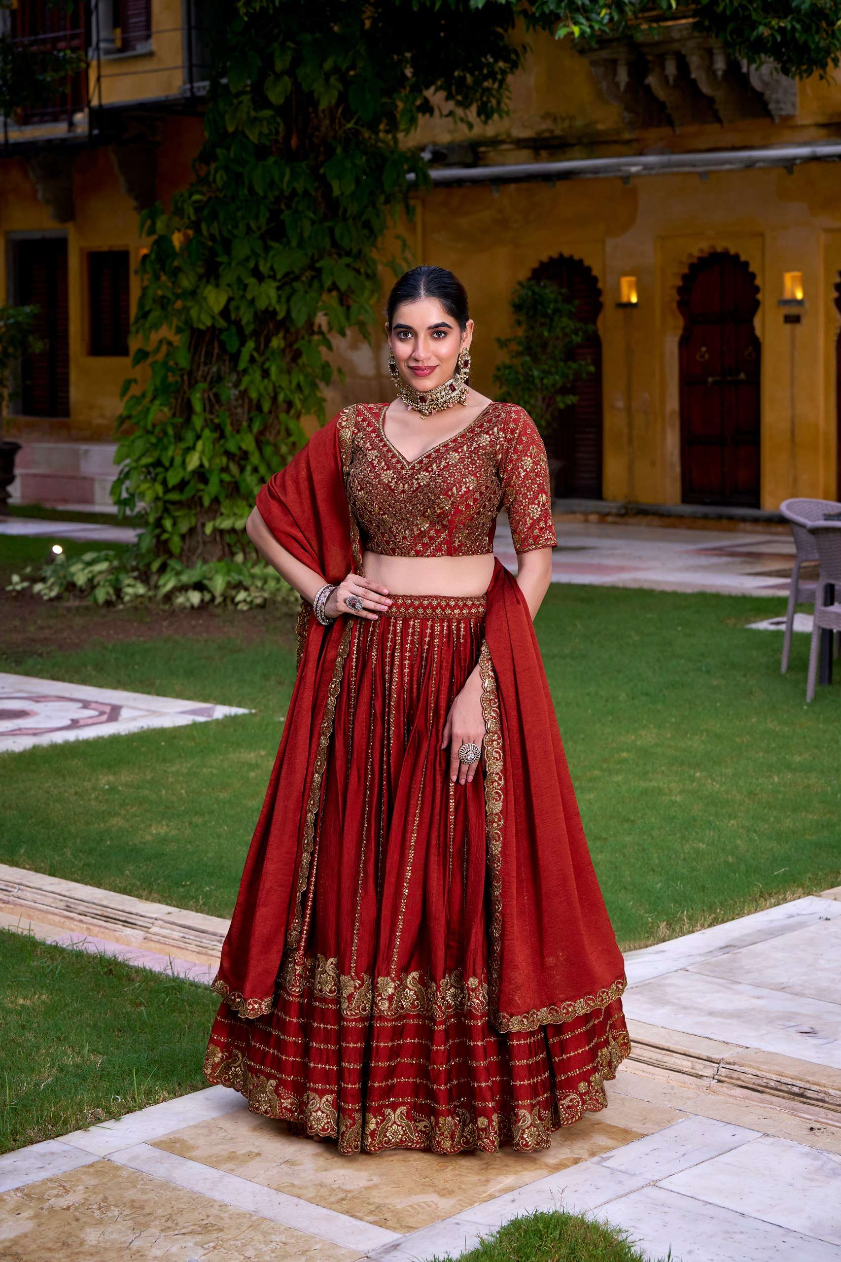 Orange Bandhani Lehenga with Kutchi Patchwork
