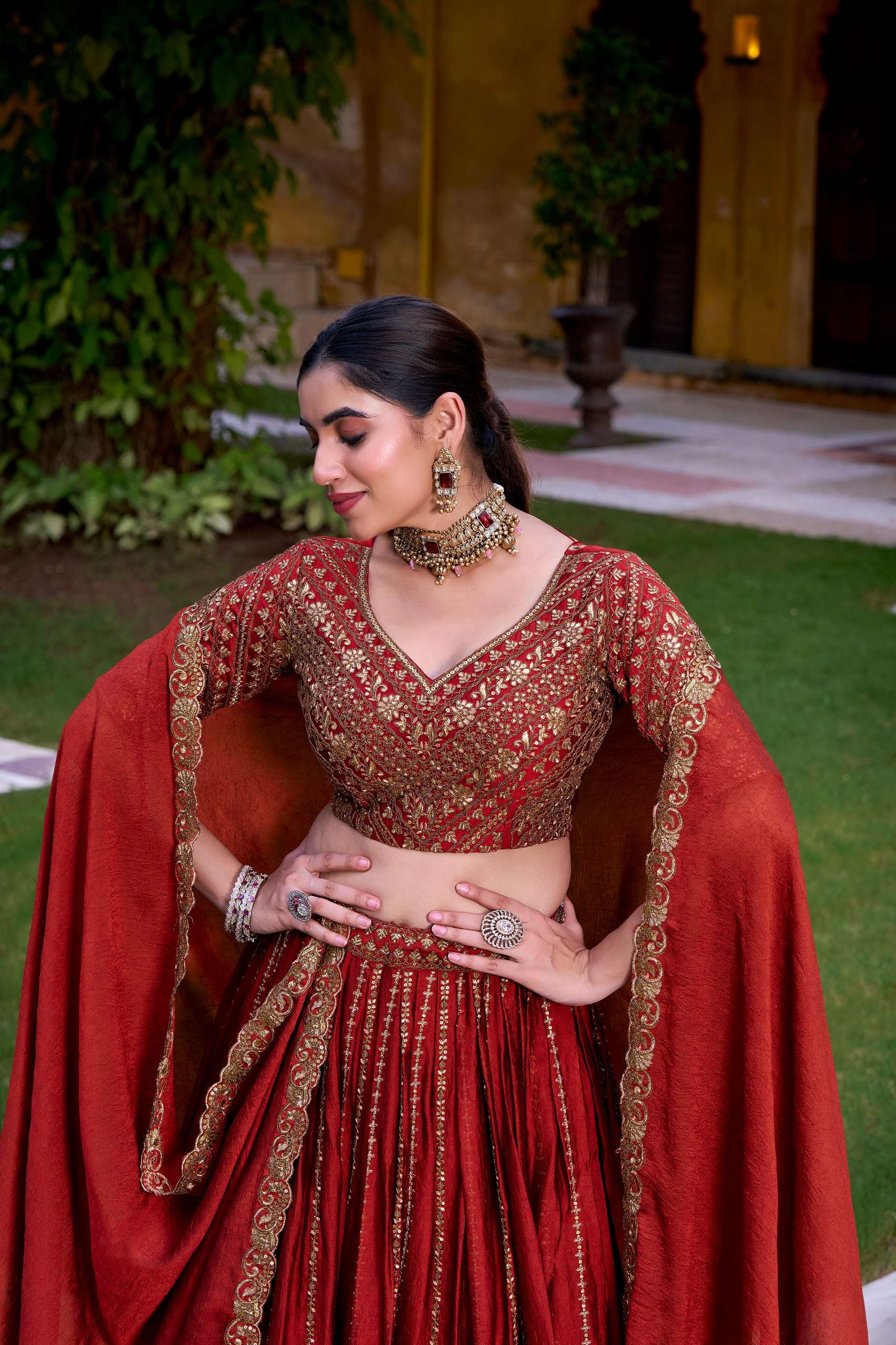 Orange Bandhani Lehenga with Kutchi Patchwork