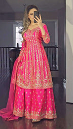 New Designer Pink Party Wear Top-Plazzo Set with Heavy Embroidery Work