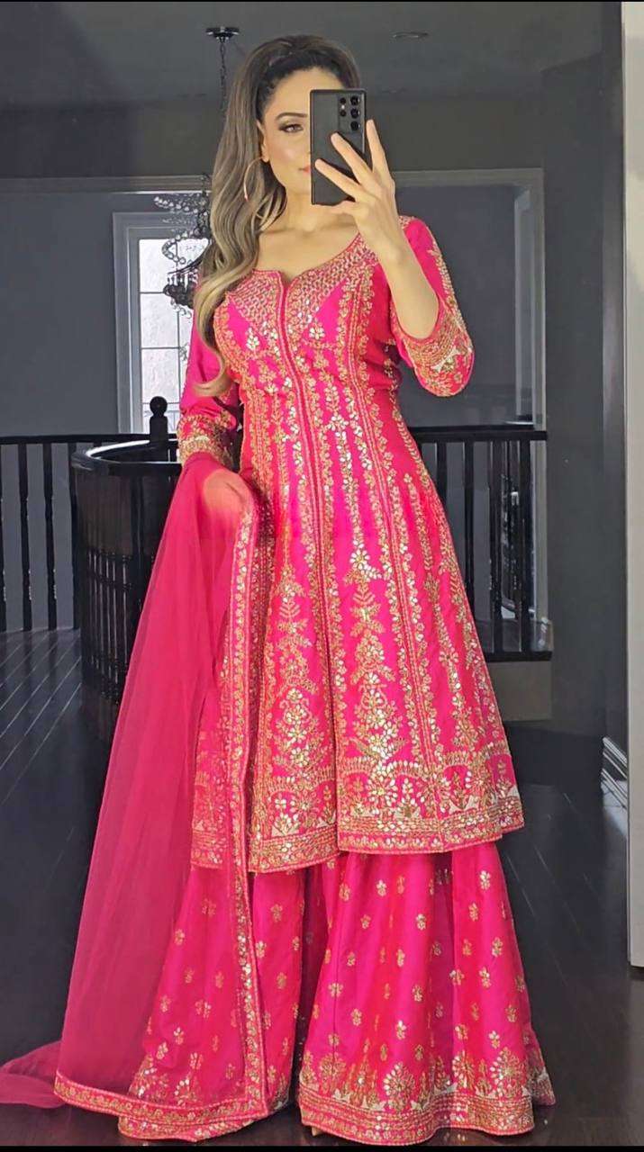 New Designer Pink Party Wear Top-Plazzo Set with Heavy Embroidery Work