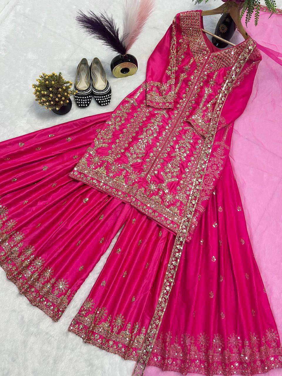New Designer Pink Party Wear Top-Plazzo Set with Heavy Embroidery Work