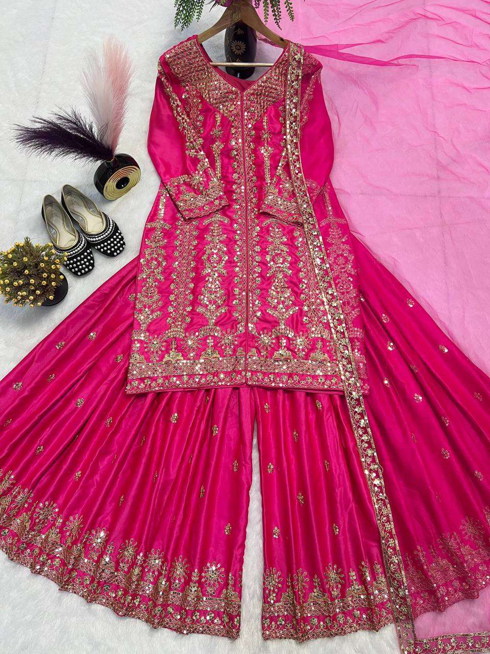 New Designer Pink Party Wear Top-Plazzo Set with Heavy Embroidery Work
