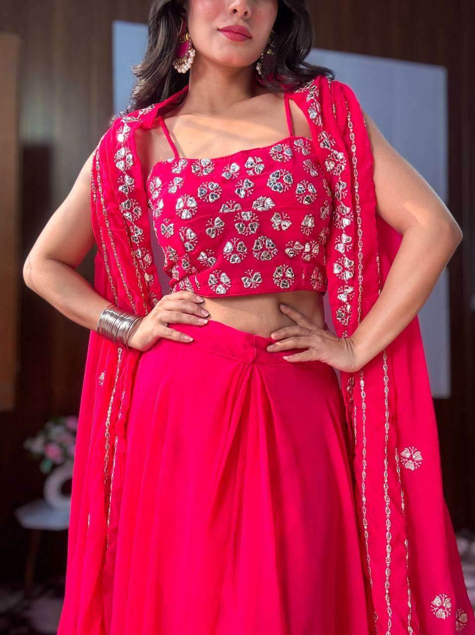 Designer Pink Georgette Skirt & Koti Set with Sequin & Zari Work