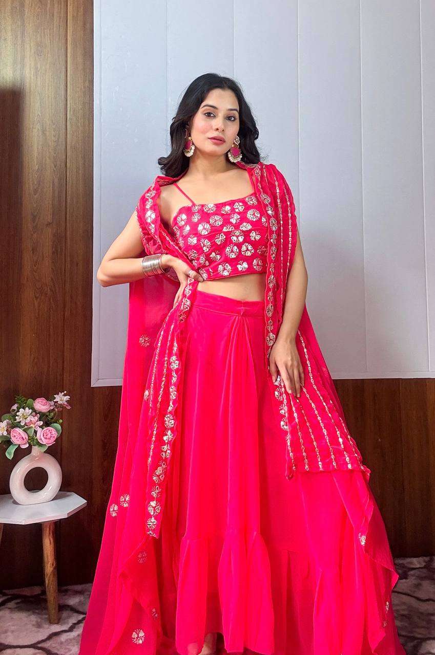 Designer Pink Georgette Skirt & Koti Set with Sequin & Zari Work