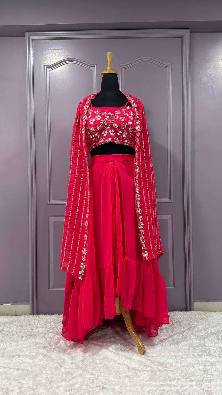 Designer Pink Georgette Skirt & Koti Set with Sequin & Zari Work