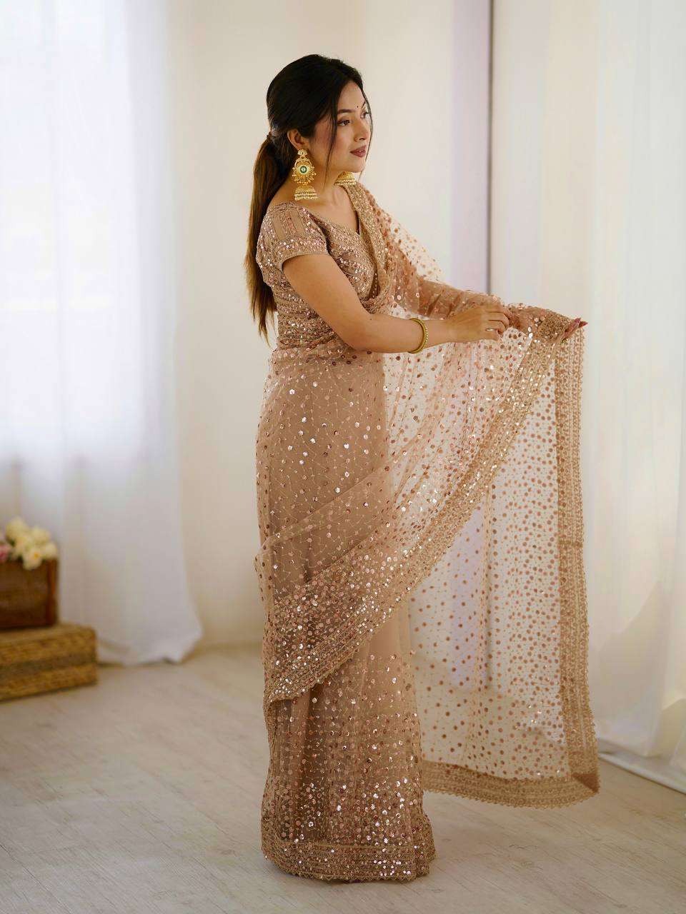 Golden Net Saree with Sequins & Dori Work and Net Blouse