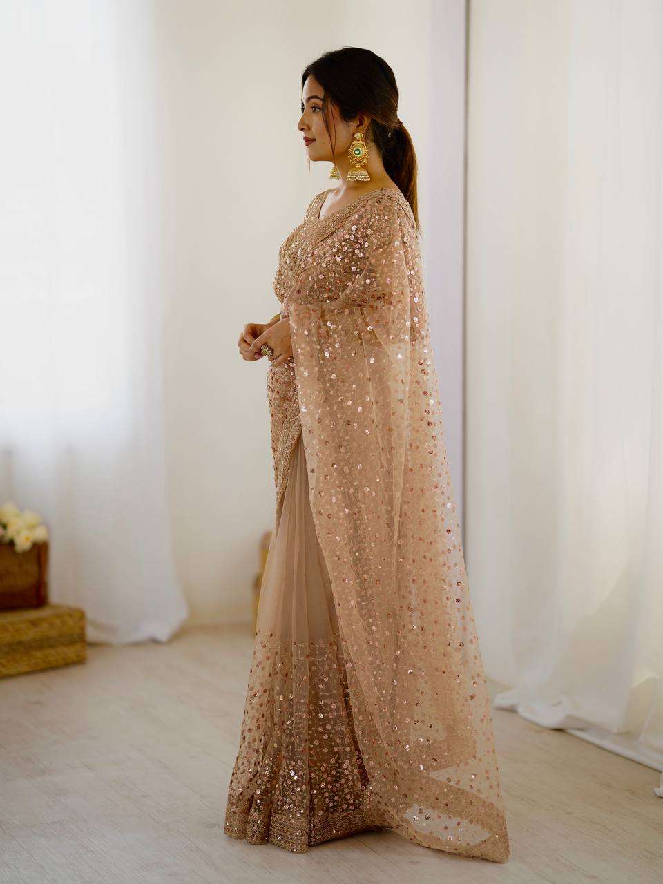 Golden Net Saree with Sequins & Dori Work and Net Blouse