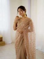 Golden Net Saree with Sequins & Dori Work and Net Blouse