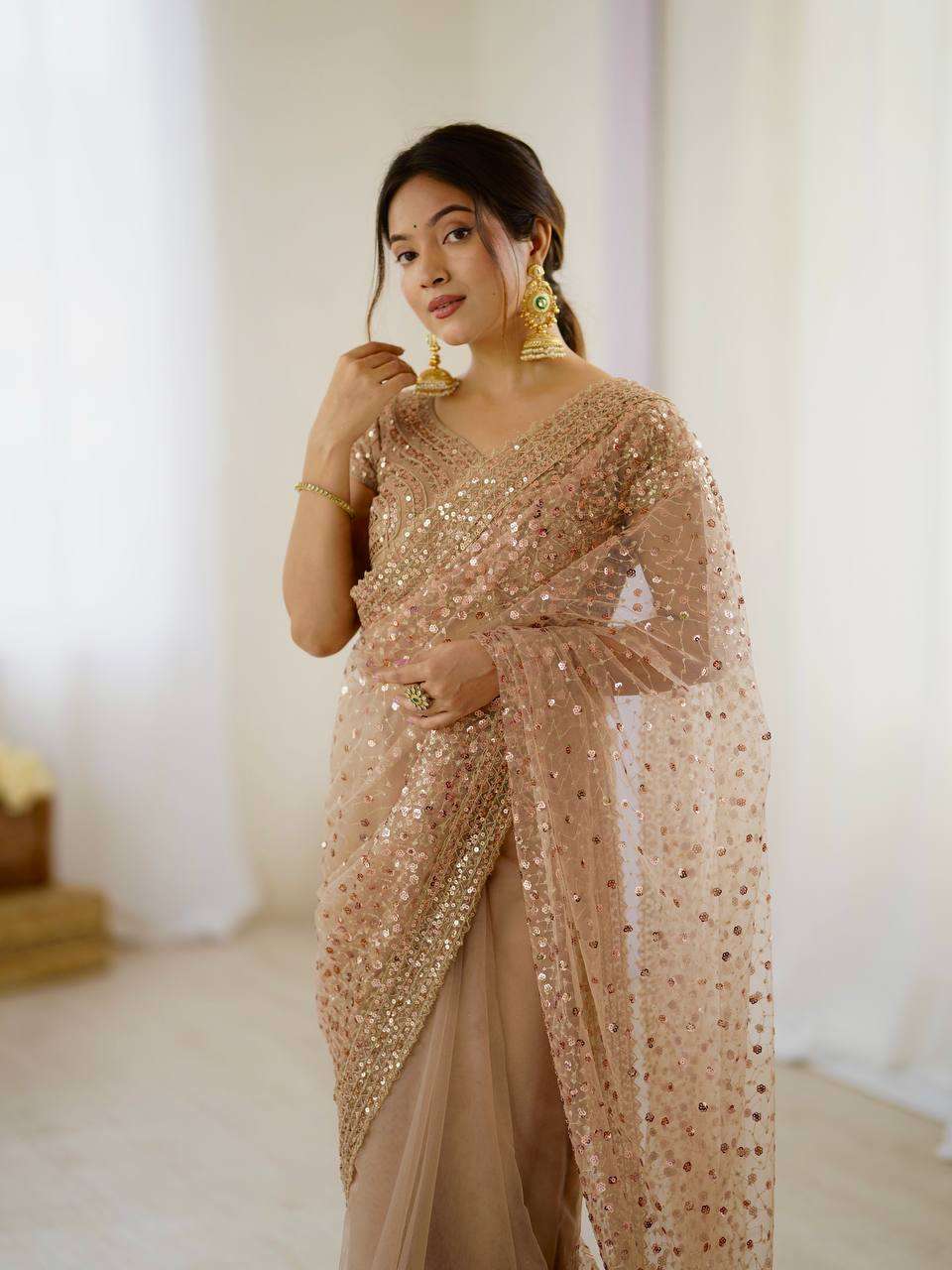 Golden Net Saree with Sequins & Dori Work and Net Blouse