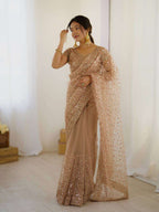 Golden Net Saree with Sequins & Dori Work and Net Blouse