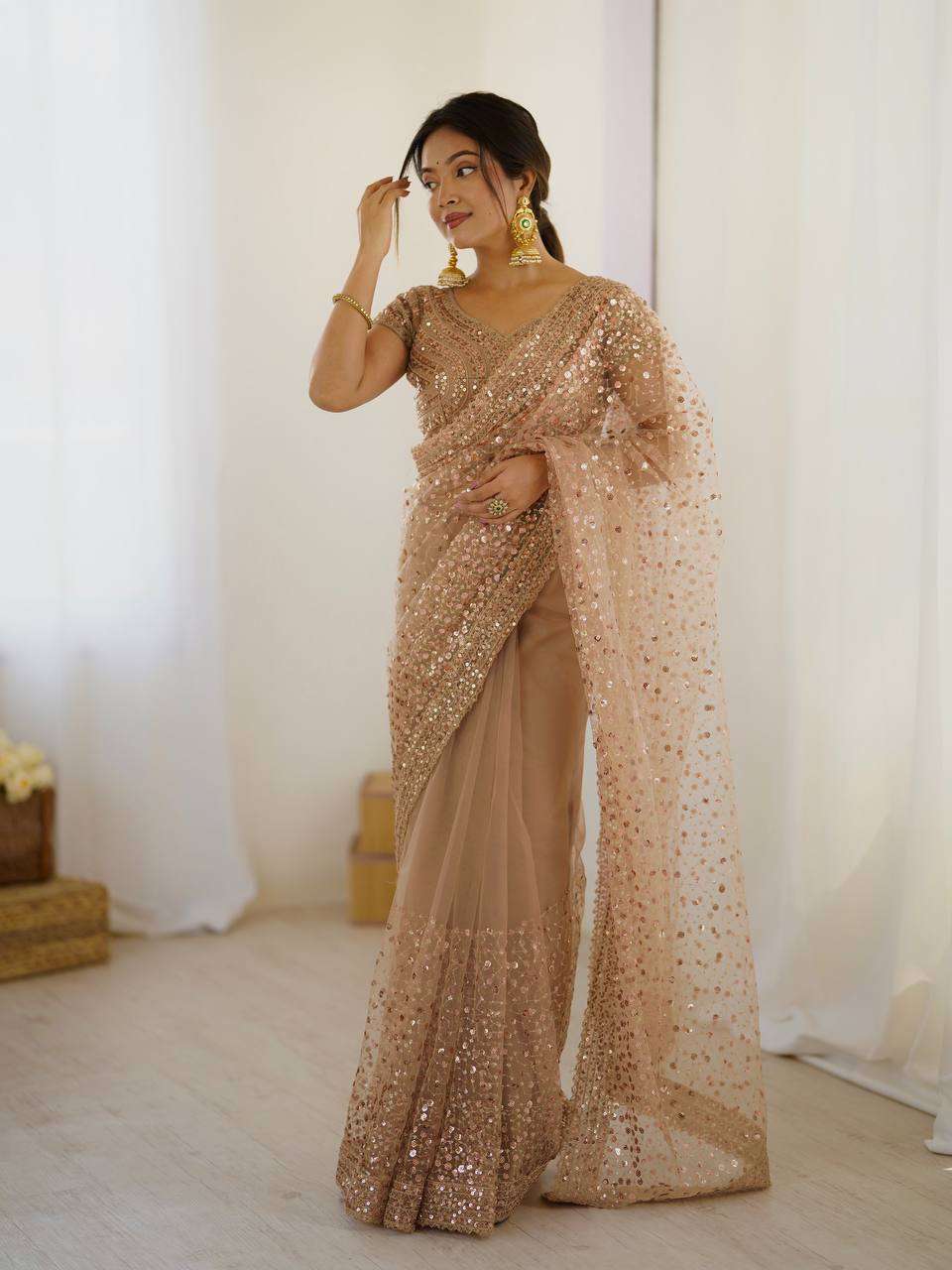 Golden Net Saree with Sequins & Dori Work and Net Blouse