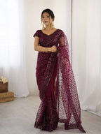 Wine Net Saree with Sequins & Dori Work and Net Blouse