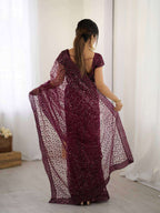 Wine Net Saree with Sequins & Dori Work and Net Blouse