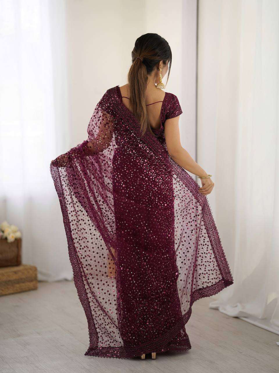 Wine Net Saree with Sequins & Dori Work and Net Blouse