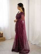 Wine Net Saree with Sequins & Dori Work and Net Blouse