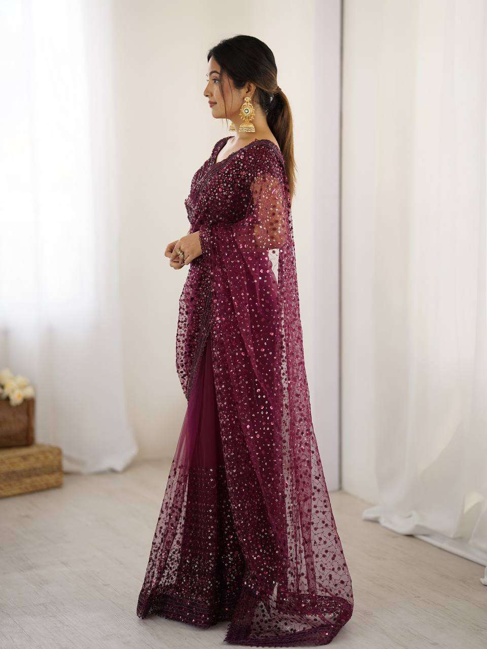 Wine Net Saree with Sequins & Dori Work and Net Blouse