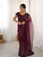 Wine Net Saree with Sequins & Dori Work and Net Blouse