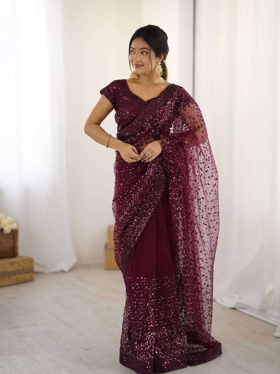 Wine Net Saree with Sequins & Dori Work and Net Blouse