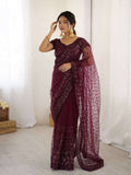 Wine Net Saree with Sequins & Dori Work and Net Blouse