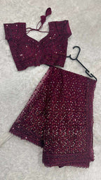 Wine Net Saree with Sequins & Dori Work and Net Blouse