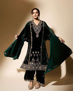 Glam up in this Velvet Kurti Pant Set with Dupatta