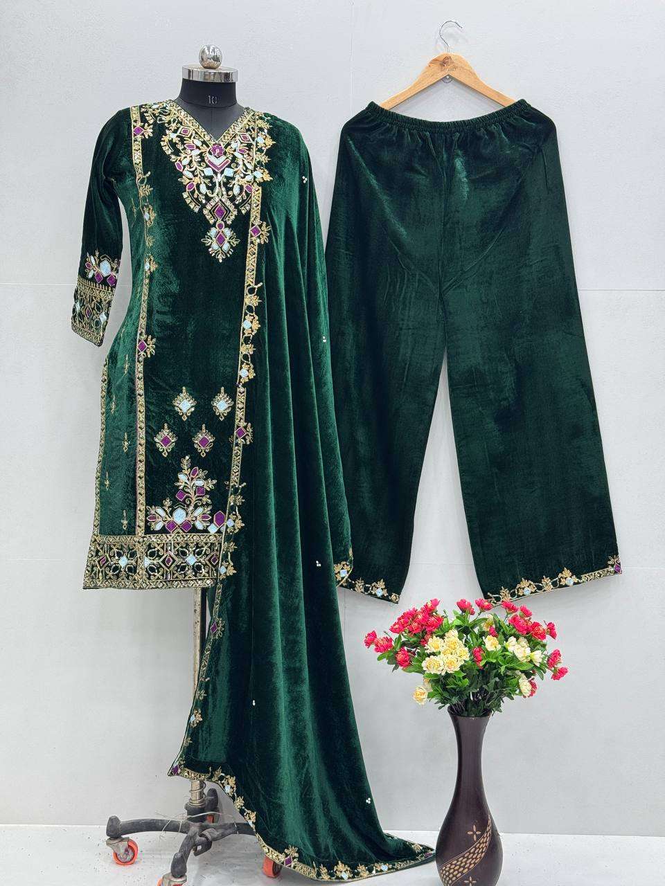 Glam up in this Velvet Kurti Pant Set with Dupatta