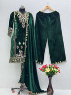 Glam up in this Velvet Kurti Pant Set with Dupatta