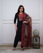 Pure Fine Cotton Black Kurti Set with Maslin Dupatta - Handwork Detailing