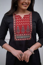 Pure Fine Cotton Black Kurti Set with Maslin Dupatta - Handwork Detailing