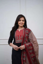 Pure Fine Cotton Black Kurti Set with Maslin Dupatta - Handwork Detailing
