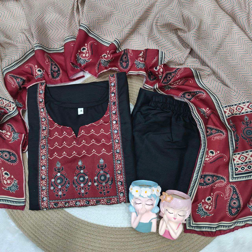 Pure Fine Cotton Black Kurti Set with Maslin Dupatta - Handwork Detailing