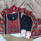 Pure Fine Cotton Black Kurti Set with Maslin Dupatta - Handwork Detailing