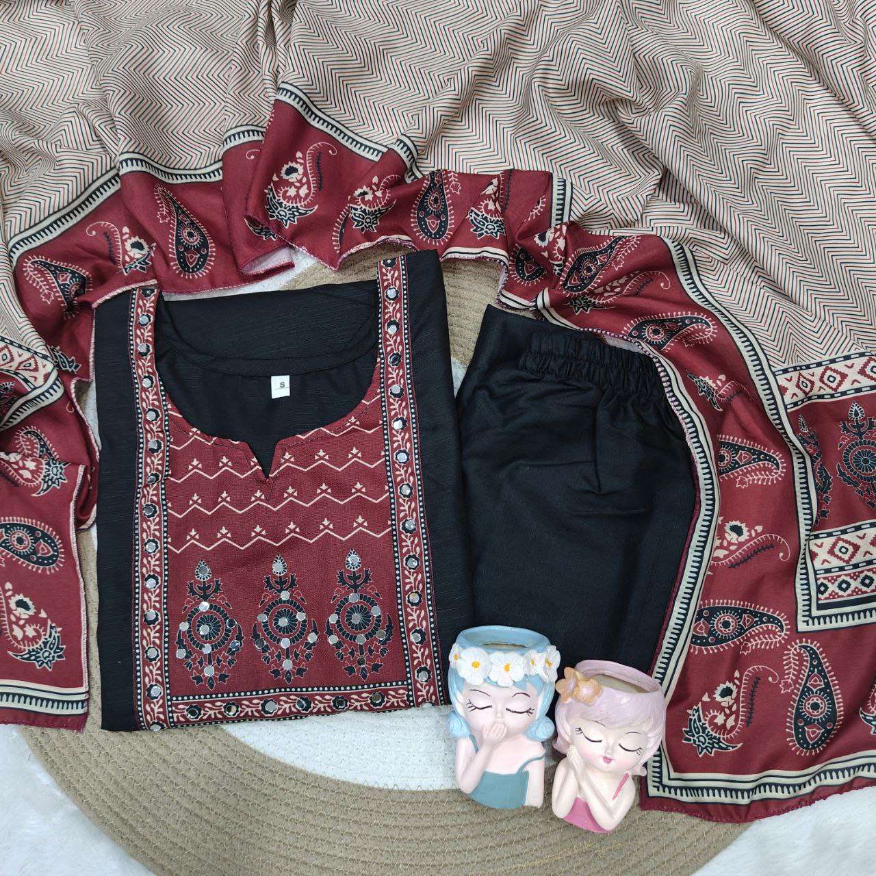 Pure Fine Cotton Black Kurti Set with Maslin Dupatta - Handwork Detailing