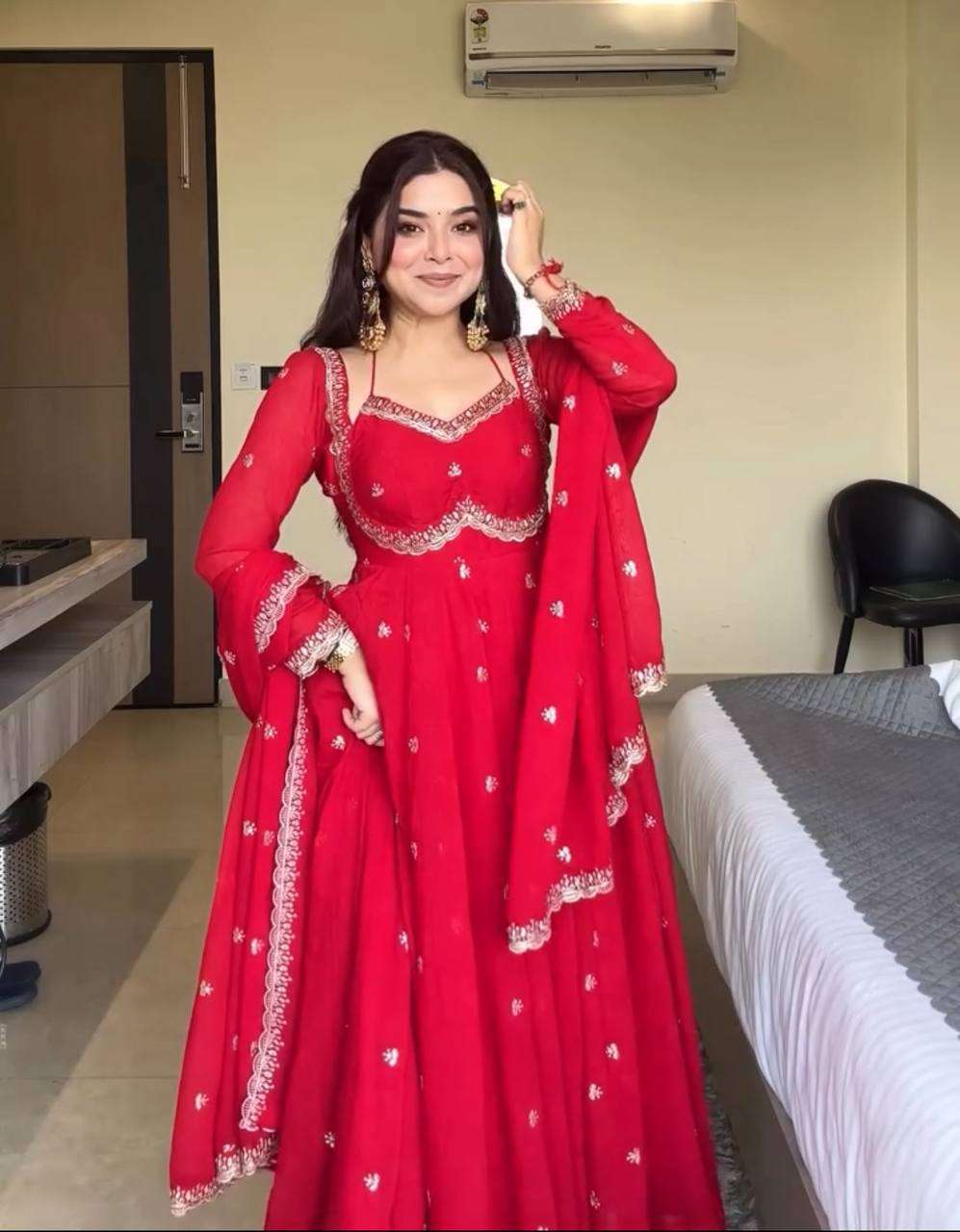 Premium Party Wear Red Dress with Heavy Embroidery &amp; Sequins