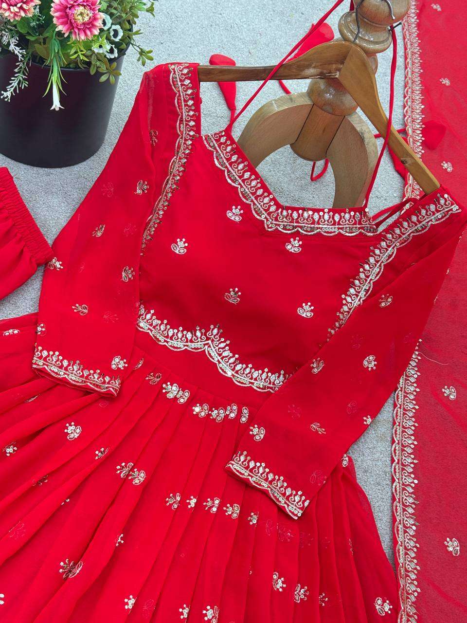 Premium Party Wear Red Dress with Heavy Embroidery &amp; Sequins